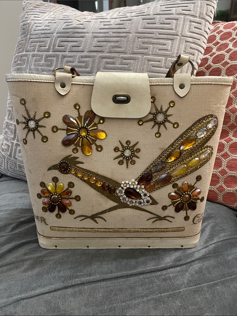 Vintage Embellished Cream Tote with Amber Jewel Bird Design